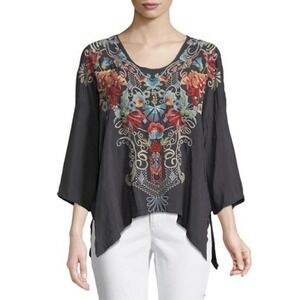 Johnny Was Valeria Blouse‎ Black Embroidered Floral Boho Tunic Top XL
